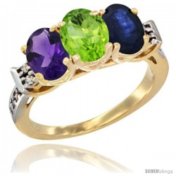 10K Yellow Gold Natural Amethyst, Peridot & Blue Sapphire Ring 3-Stone Oval 7x5 mm Diamond Accent