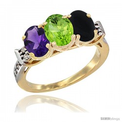 10K Yellow Gold Natural Amethyst, Peridot & Black Onyx Ring 3-Stone Oval 7x5 mm Diamond Accent