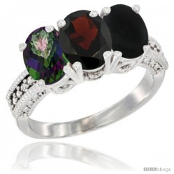 10K White Gold Natural Mystic Topaz, Garnet & Black Onyx Ring 3-Stone Oval 7x5 mm Diamond Accent