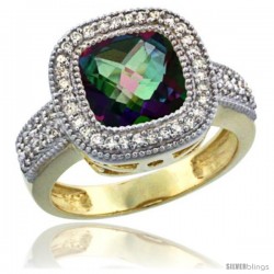 14K Yellow Gold Natural Mystic Topaz Ring Diamond Accent, Cushion-cut 9x9 Stone Diamond Accent