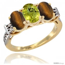 10K Yellow Gold Natural Lemon Quartz & Tiger Eye Sides Ring 3-Stone Oval 7x5 mm Diamond Accent