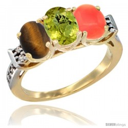 10K Yellow Gold Natural Tiger Eye, Lemon Quartz & Coral Ring 3-Stone Oval 7x5 mm Diamond Accent