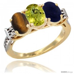 10K Yellow Gold Natural Tiger Eye, Lemon Quartz & Lapis Ring 3-Stone Oval 7x5 mm Diamond Accent