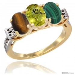 10K Yellow Gold Natural Tiger Eye, Lemon Quartz & Malachite Ring 3-Stone Oval 7x5 mm Diamond Accent