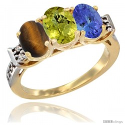 10K Yellow Gold Natural Tiger Eye, Lemon Quartz & Tanzanite Ring 3-Stone Oval 7x5 mm Diamond Accent