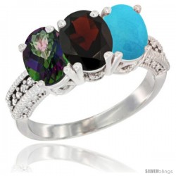 10K White Gold Natural Mystic Topaz, Garnet & Turquoise Ring 3-Stone Oval 7x5 mm Diamond Accent