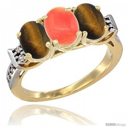 10K Yellow Gold Natural Coral & Tiger Eye Sides Ring 3-Stone Oval 7x5 mm Diamond Accent