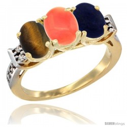 10K Yellow Gold Natural Tiger Eye, Coral & Lapis Ring 3-Stone Oval 7x5 mm Diamond Accent