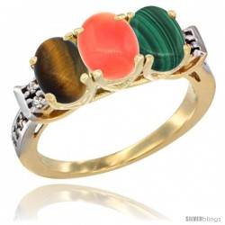 10K Yellow Gold Natural Tiger Eye, Coral & Malachite Ring 3-Stone Oval 7x5 mm Diamond Accent