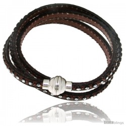 Surgical Steel Italian Leather Wrap Massai Bracelet Swarovski Crystal inlay w/ Super Magnet Clasp, Color Brown