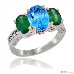 14K White Gold Ladies 3-Stone Oval Natural Swiss Blue Topaz Ring with Emerald Sides Diamond Accent