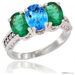 14K White Gold Natural Swiss Blue Topaz & Emerald Sides Ring 3-Stone 7x5 mm Oval Diamond Accent