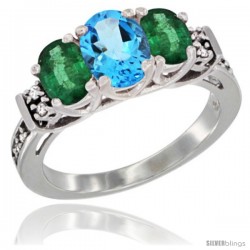 14K White Gold Natural Swiss Blue Topaz & Emerald Ring 3-Stone Oval with Diamond Accent