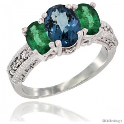 14k White Gold Ladies Oval Natural London Blue Topaz 3-Stone Ring with Emerald Sides Diamond Accent