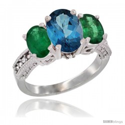 14K White Gold Ladies 3-Stone Oval Natural London Blue Topaz Ring with Emerald Sides Diamond Accent