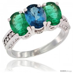 14K White Gold Natural London Blue Topaz & Emerald Sides Ring 3-Stone 7x5 mm Oval Diamond Accent