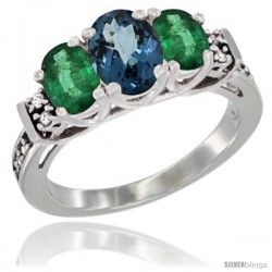 14K White Gold Natural London Blue Topaz & Emerald Ring 3-Stone Oval with Diamond Accent