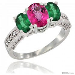 14k White Gold Ladies Oval Natural Pink Topaz 3-Stone Ring with Emerald Sides Diamond Accent