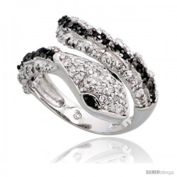 Sterling Silver Snake Ring w/ Black & White CZ Stones, 1/2" (12mm) wide