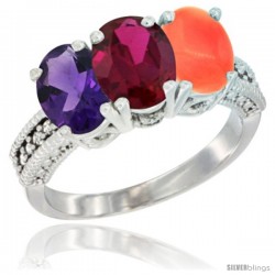 10K White Gold Natural Amethyst, Ruby & Coral Ring 3-Stone Oval 7x5 mm Diamond Accent