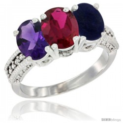 10K White Gold Natural Amethyst, Ruby & Lapis Ring 3-Stone Oval 7x5 mm Diamond Accent