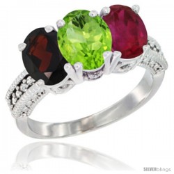 14K White Gold Natural Garnet, Peridot & Ruby Ring 3-Stone 7x5 mm Oval Diamond Accent