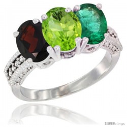 14K White Gold Natural Garnet, Peridot & Emerald Ring 3-Stone 7x5 mm Oval Diamond Accent