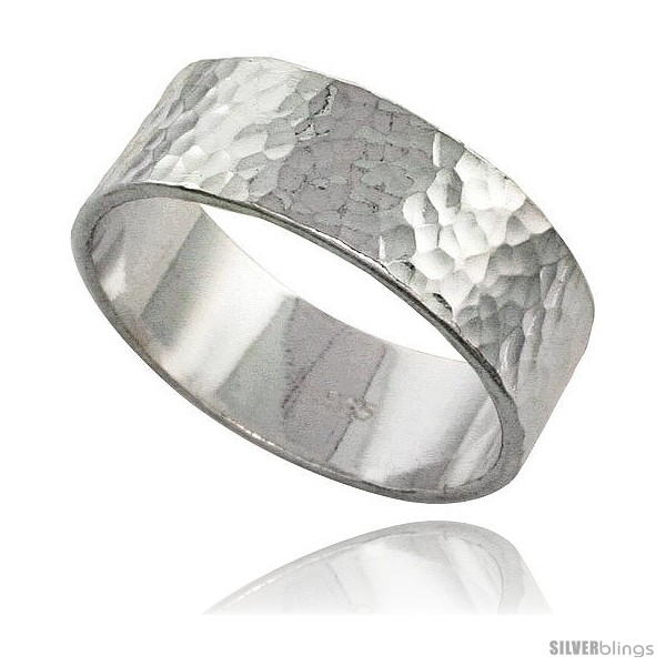 Sterling Silver Flat 8 mm Wedding Band Ring Hammered Finish