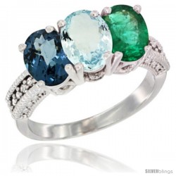 14K White Gold Natural London Blue Topaz, Aquamarine & Emerald Ring 3-Stone 7x5 mm Oval Diamond Accent