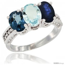 14K White Gold Natural London Blue Topaz, Aquamarine & Blue Sapphire Ring 3-Stone 7x5 mm Oval Diamond Accent