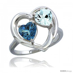 14k White Gold 2-Stone Heart Ring 6mm Natural London Blue Topaz & Aquamarine Diamond Accent