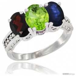 14K White Gold Natural Garnet, Peridot & Blue Sapphire Ring 3-Stone 7x5 mm Oval Diamond Accent