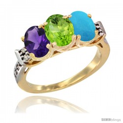 10K Yellow Gold Natural Amethyst, Peridot & Turquoise Ring 3-Stone Oval 7x5 mm Diamond Accent