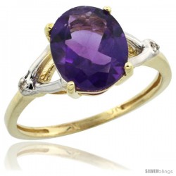 10k Yellow Gold Diamond Amethyst Ring 2.4 ct Oval Stone 10x8 mm, 3/8 in wide