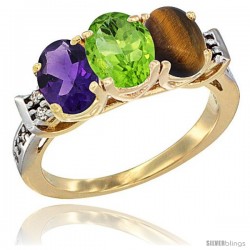 10K Yellow Gold Natural Amethyst, Peridot & Tiger Eye Ring 3-Stone Oval 7x5 mm Diamond Accent