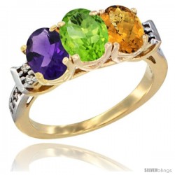 10K Yellow Gold Natural Amethyst, Peridot & Whisky Quartz Ring 3-Stone Oval 7x5 mm Diamond Accent