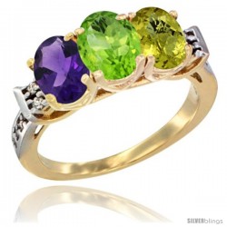 10K Yellow Gold Natural Amethyst, Peridot & Lemon Quartz Ring 3-Stone Oval 7x5 mm Diamond Accent