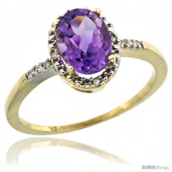 10k Yellow Gold Diamond Amethyst Ring 1.17 ct Oval Stone 8x6 mm, 3/8 in wide