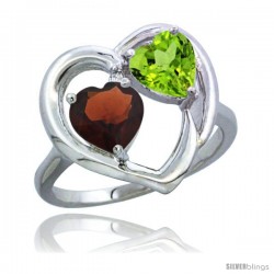 14k White Gold 2-Stone Heart Ring 6mm Natural Garnet & Peridot Diamond Accent