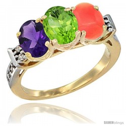 10K Yellow Gold Natural Amethyst, Peridot & Coral Ring 3-Stone Oval 7x5 mm Diamond Accent