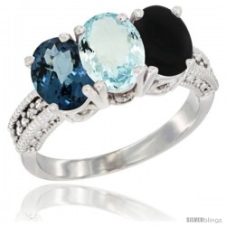 14K White Gold Natural London Blue Topaz, Aquamarine & Black Onyx Ring 3-Stone 7x5 mm Oval Diamond Accent