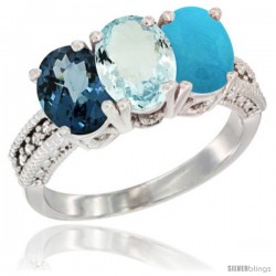 14K White Gold Natural London Blue Topaz, Aquamarine & Turquoise Ring 3-Stone 7x5 mm Oval Diamond Accent