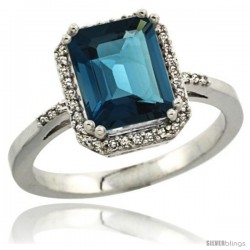 14k White Gold Diamond London Blue Topaz Ring 2.53 ct Emerald Shape 9x7 mm, 1/2 in wide