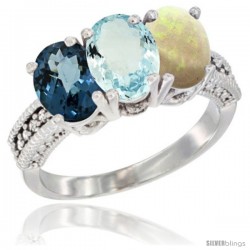 14K White Gold Natural London Blue Topaz, Aquamarine & Opal Ring 3-Stone 7x5 mm Oval Diamond Accent