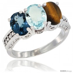 14K White Gold Natural London Blue Topaz, Aquamarine & Tiger Eye Ring 3-Stone 7x5 mm Oval Diamond Accent