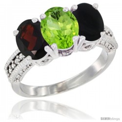 14K White Gold Natural Garnet, Peridot & Black Onyx Ring 3-Stone 7x5 mm Oval Diamond Accent