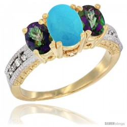 14k Yellow Gold Ladies Oval Natural Turquoise 3-Stone Ring with Mystic Topaz Sides Diamond Accent