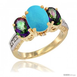 14K Yellow Gold Ladies 3-Stone Oval Natural Turquoise Ring with Mystic Topaz Sides Diamond Accent