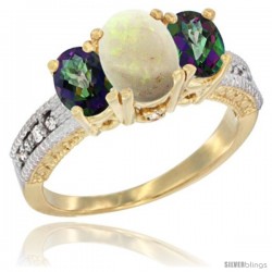 14k Yellow Gold Ladies Oval Natural Opal 3-Stone Ring with Mystic Topaz Sides Diamond Accent