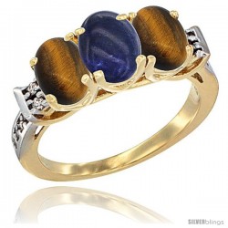 10K Yellow Gold Natural Lapis & Tiger Eye Sides Ring 3-Stone Oval 7x5 mm Diamond Accent